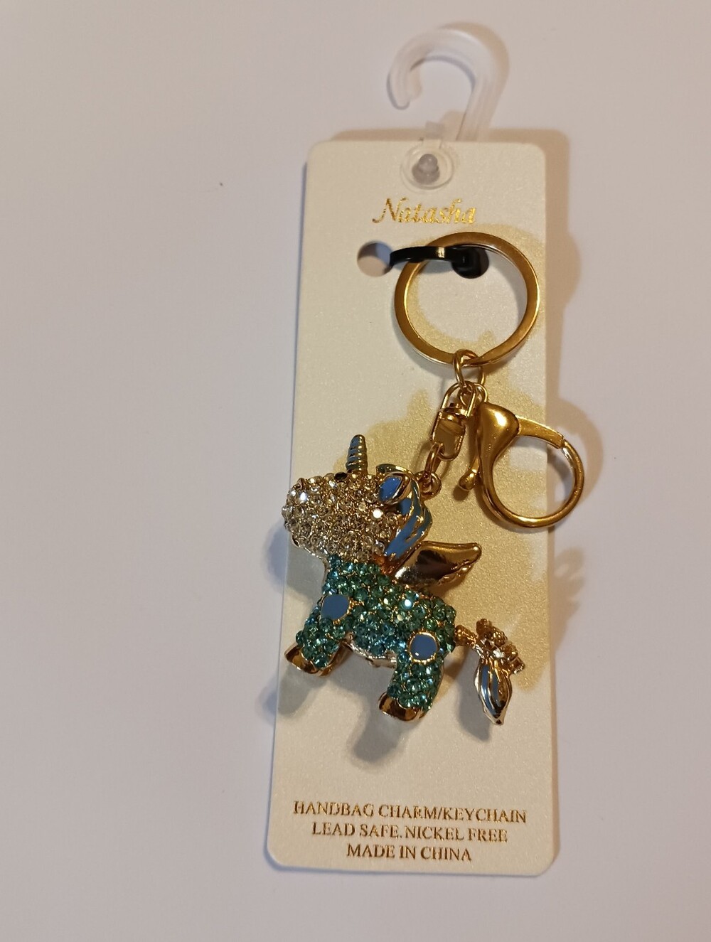 NWT Natasha Blue Unicorn Bag Charm, Large Rhinestone Key Chain